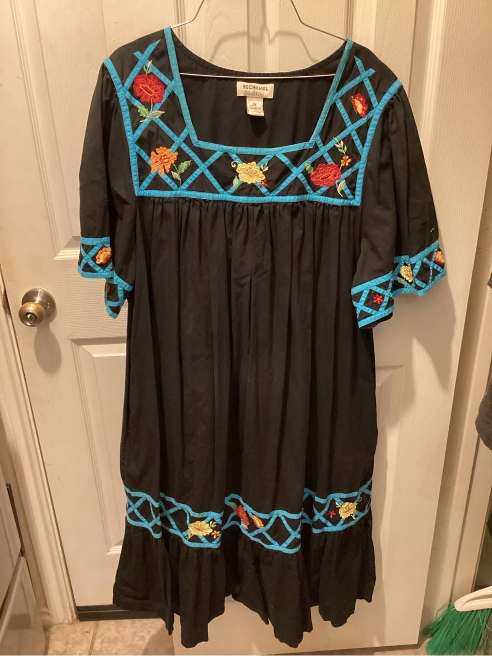 Bechamel Black Girls' Embroidered Dress with Turquoise Trim